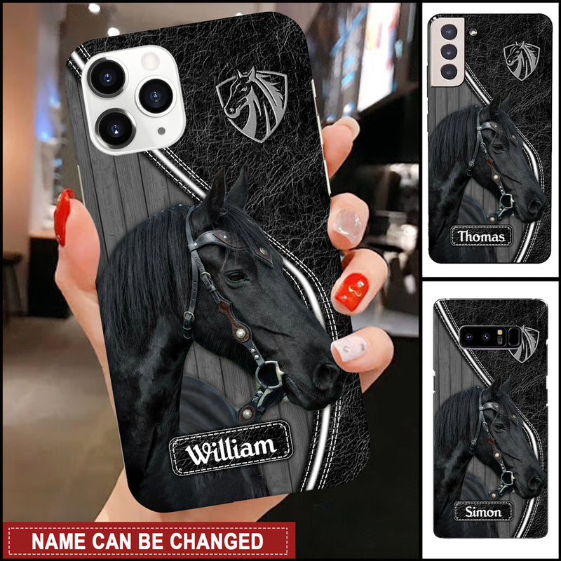 Love Black Horses Custom Name Leather Pattern Personalized Phone Case