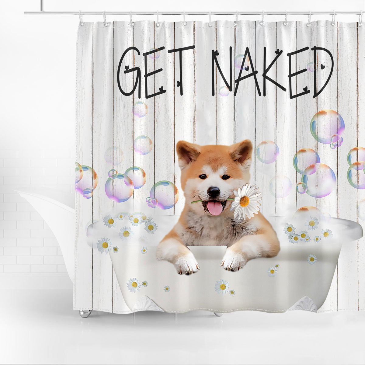 Akita Inu Get Naked Daisy Shower Curtain