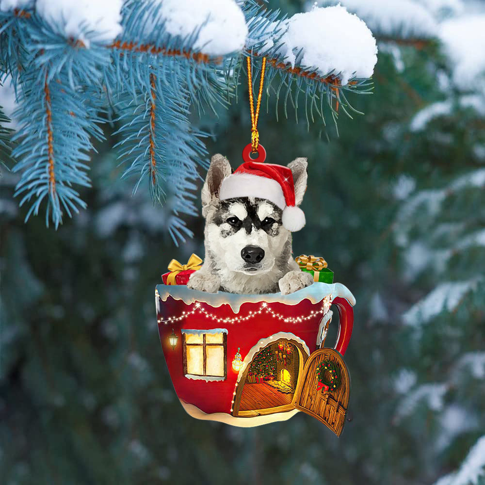 Alaskan Malamute In Red House Cup Merry Christmas Ornament