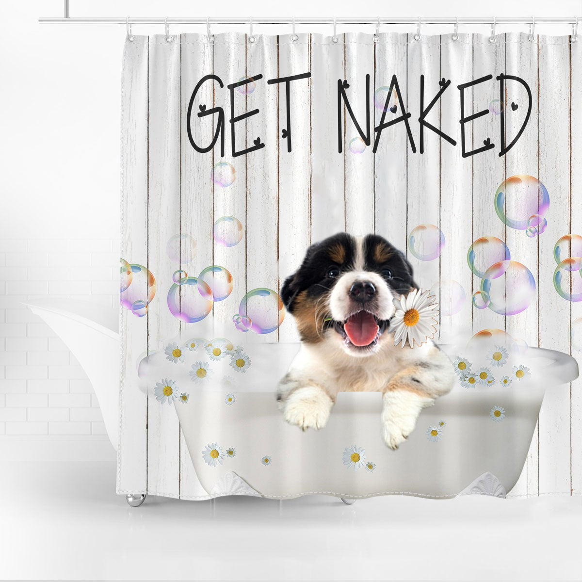 Australian Shepherd02 Get Naked Daisy Shower Curtain