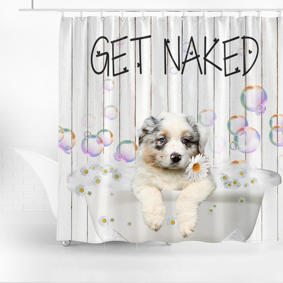 Australian Shepherd Get Naked Daisy Shower Curtain