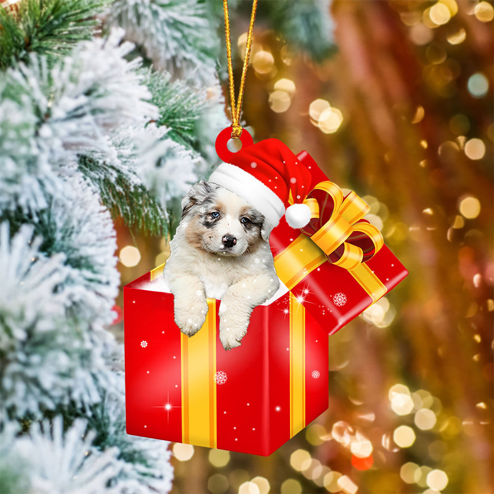 Australian Shepherd In Red Gift Box Christmas Ornament