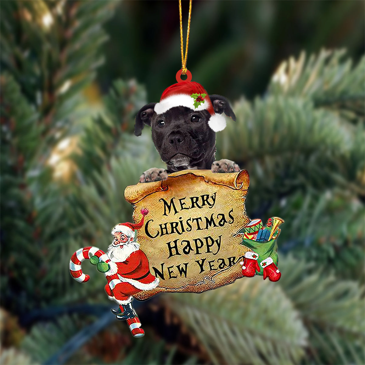 BLACK American Staffordshire Terrier Merry Christmas&Happy New Year Hanging Ornament