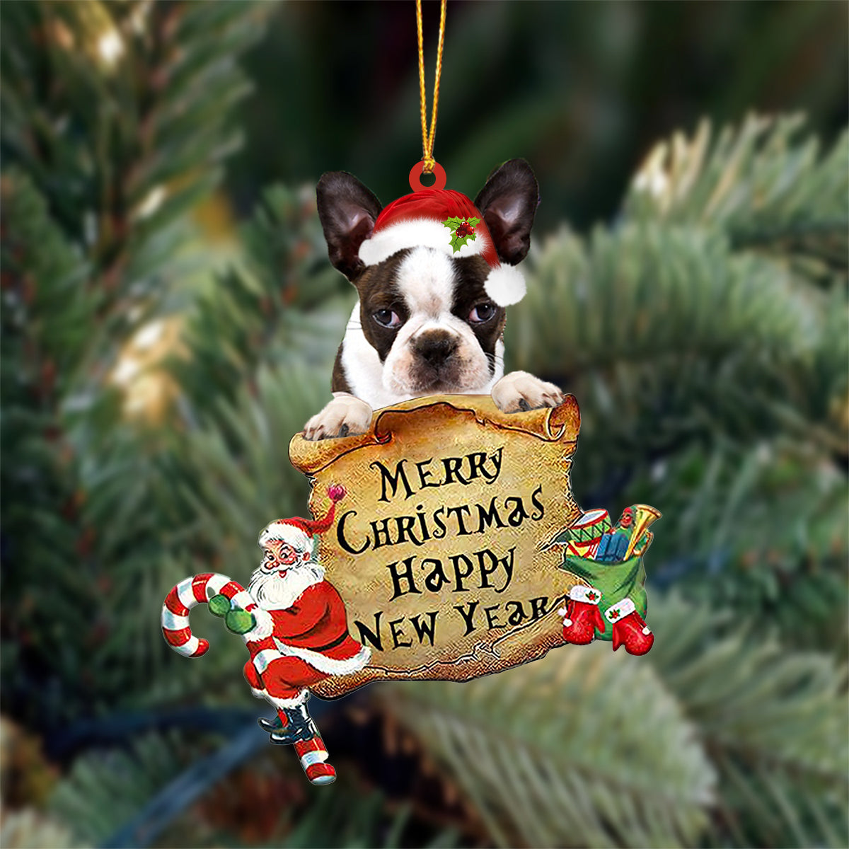 BRINDLE Boston Terrier Merry Christmas&Happy New Year Hanging Ornament