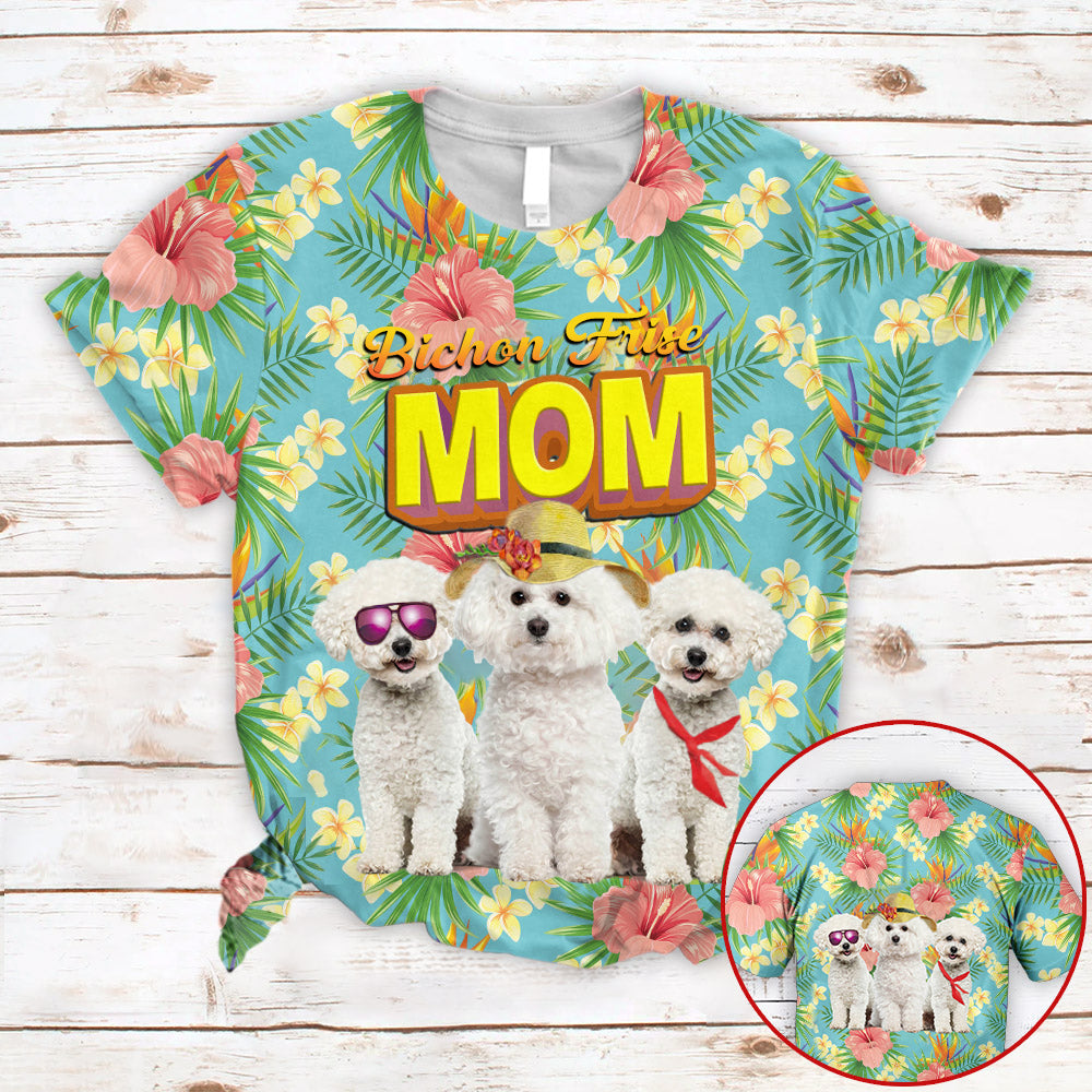 Bichon Frise Mom Tropical Pattern 3D All Over Print T-Shirt