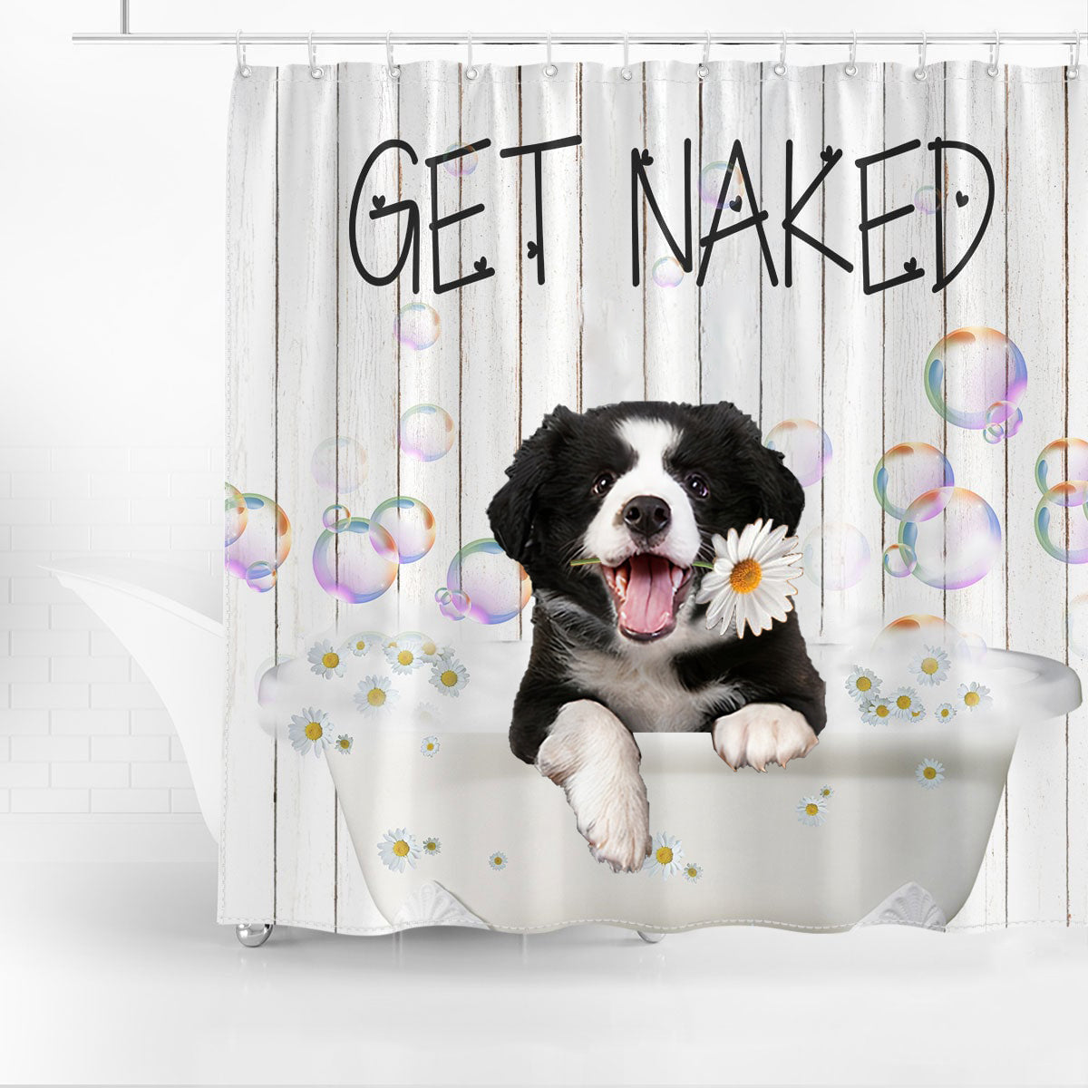 Border Collies Get Naked Daisy Shower Curtain