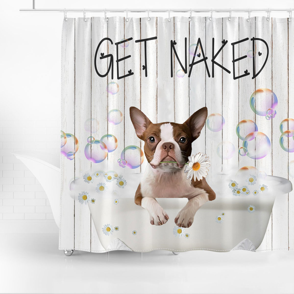 Boston Terrier 2 Get Naked Daisy Shower Curtain