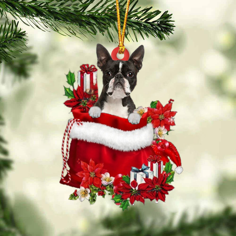 Boston Terrier In Gift Bag Christmas Ornament